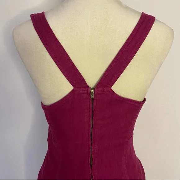 Anthropologie Square Neck Linen Blend Mini Cargo Stretch Dress 6 Burgundy Boho - Picture 3 of 13